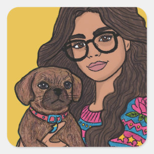 Hand getrokken vrouw met haar puggle hond vierkante sticker