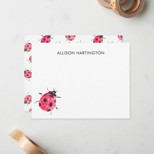 Hand getrokken Waterverf lieveheersbeestje grillig Notitiekaartje (Voorkant / Achterkant in situ)