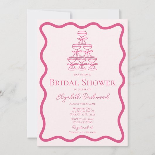 Hand getrokken Wavy Lijst Retro Roze Bow Vrijgezel Kaart (Voorkant)