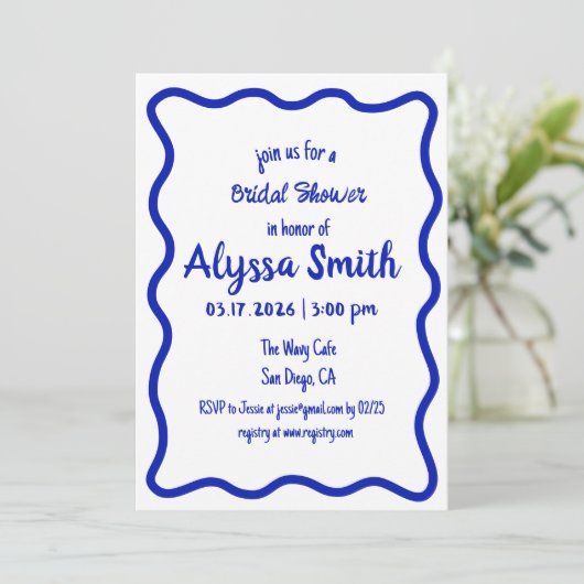 Hand getrokken Wavy Rand Blauw & Wit Vrijgezellenf Kaart (Staand voorkant)