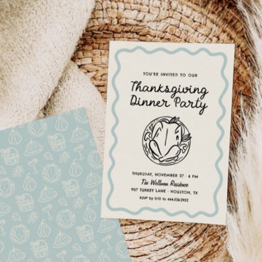 Hand getrokken Whimsy Blue Thanksgiving Dinner Uit Feestdagenkaart