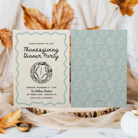 Hand getrokken Whimsy Blue Thanksgiving Dinner Uit Feestdagenkaart