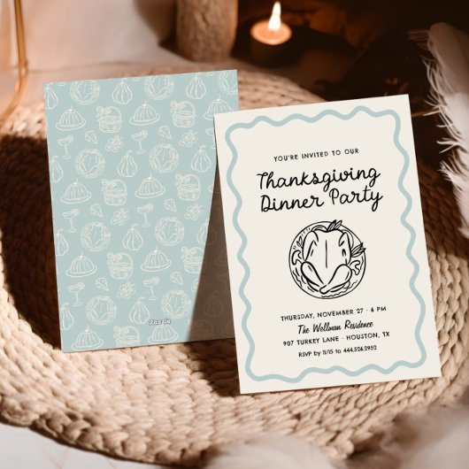 Hand getrokken Whimsy Blue Thanksgiving Dinner Uit Feestdagenkaart