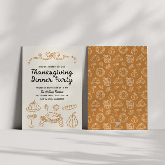 Hand getrokken Whimsy Bow Thanksgiving Diner Uitno Feestdagenkaart