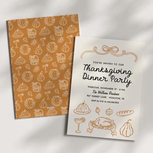 Hand getrokken Whimsy Bow Thanksgiving Diner Uitno Feestdagenkaart