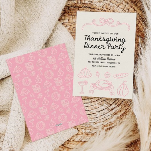 Hand getrokken Whimsy Bow Thanksgiving Diner Uitno Feestdagenkaart