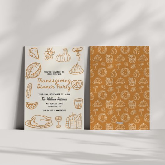 Hand Getrokken Whimsy Doodle Thanksgiving Uitnodig Feestdagenkaart