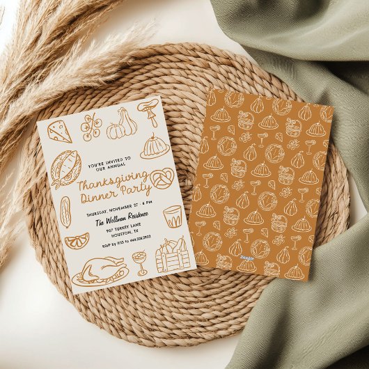 Hand Getrokken Whimsy Doodle Thanksgiving Uitnodig Feestdagenkaart