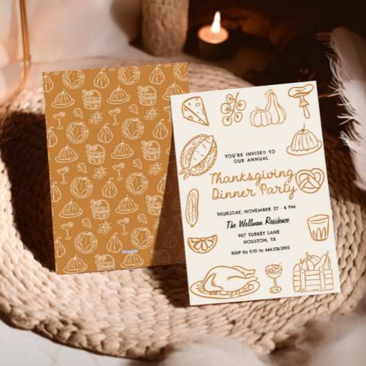 Hand Getrokken Whimsy Doodle Thanksgiving Uitnodig Feestdagenkaart