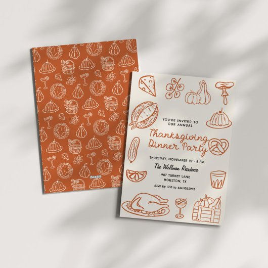 Hand Getrokken Whimsy Doodle Thanksgiving Uitnodig Feestdagenkaart