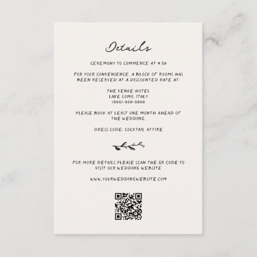 Hand getrokken wijnstok bruiloft details informatiekaartje (Voorkant)