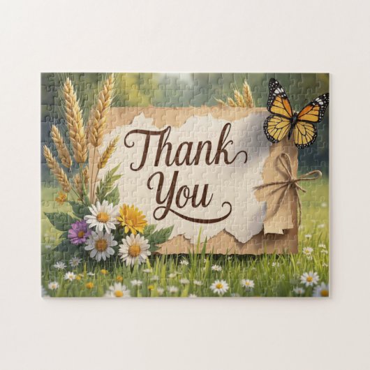 Hand getrokken wilde bloemen, tarwe stengels, vlin legpuzzel (Horizontaal)