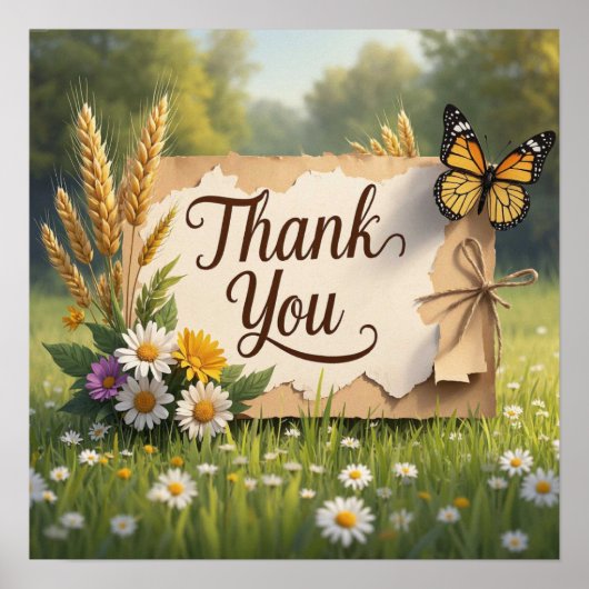 Hand getrokken wilde bloemen, tarwe stengels, vlin poster (Voorkant)