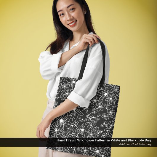 Hand getrokken Wildflower Patroon Zwart-wit Tote Bag
