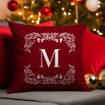 Hand getrokken winter gebladerte monogram kerst kussen<br><div class="desc">Dit monogram kerstkussen heeft handgetekend wit winterblad dat het monogram lijst. Het monogram en het lijst zijn wit op een donkerrode achtergrond.</div>