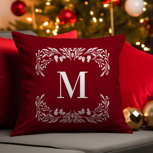 Hand getrokken winter gebladerte monogram kerst kussen