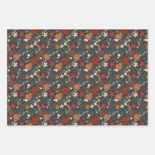 Hand getrokken winterbloemen donkergroen inpakpapier vel (Voorkant)