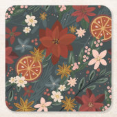 Hand getrokken  winterbloemen donkergroen kartonnen onderzetters (Voorkant)