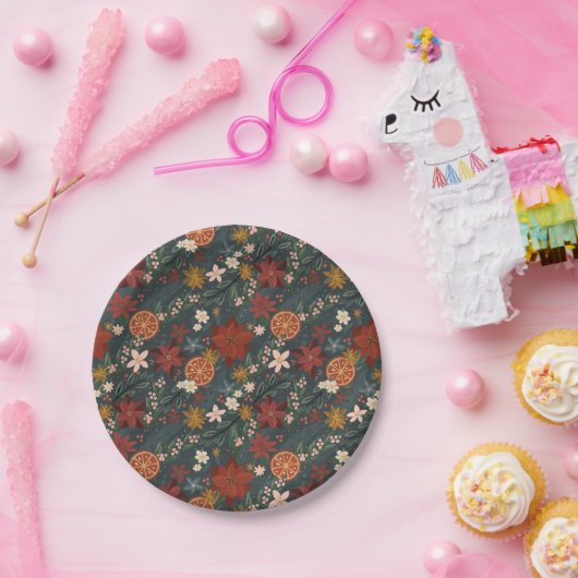 Hand getrokken winterbloemen donkergroen papieren bordje (Feest)