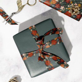 Hand getrokken  winterbloemen donkergroen satijnen lint