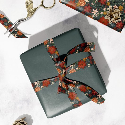 Hand getrokken  winterbloemen donkergroen satijnen lint