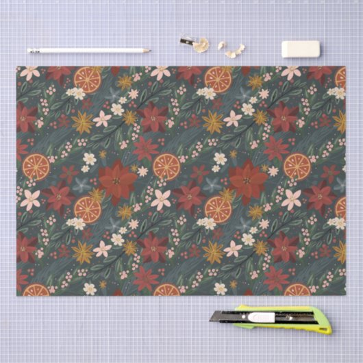 Hand getrokken winterbloemen donkergroen tissuepapier (Craft)