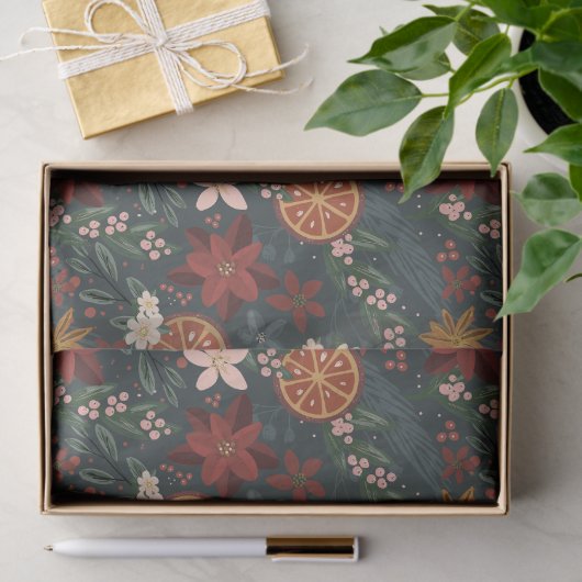 Hand getrokken winterbloemen donkergroen tissuepapier (Geschenk)