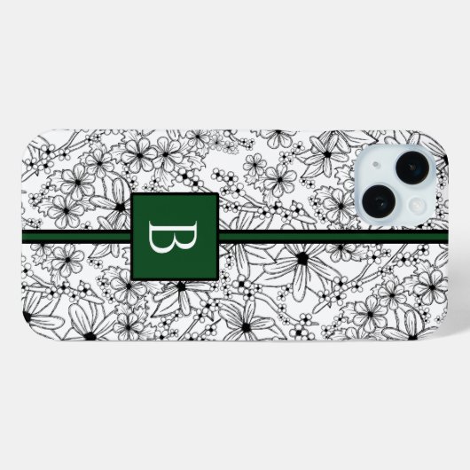 Hand getrokken wit bloemenpatroon en groen monogra Case-Mate iPhone case (Achterkant (horizontaal))