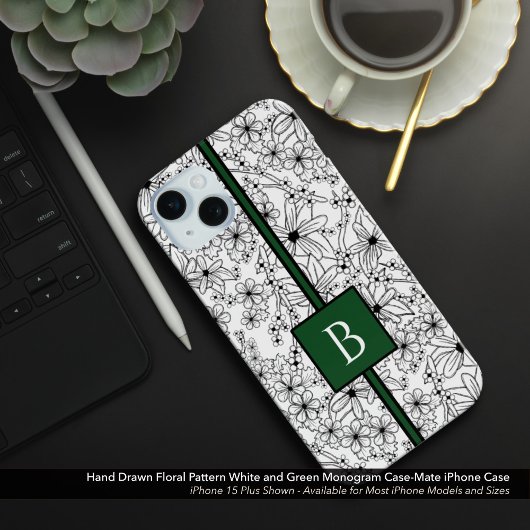 Hand getrokken wit bloemenpatroon en groen monogra Case-Mate iPhone case