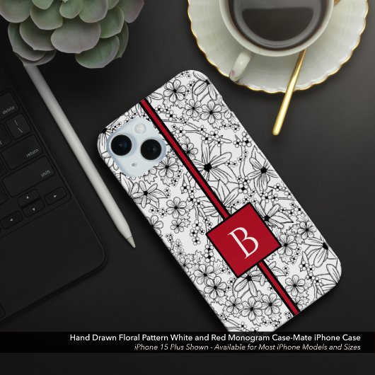 Hand getrokken wit bloemenpatroon en rood monogram Case-Mate iPhone case