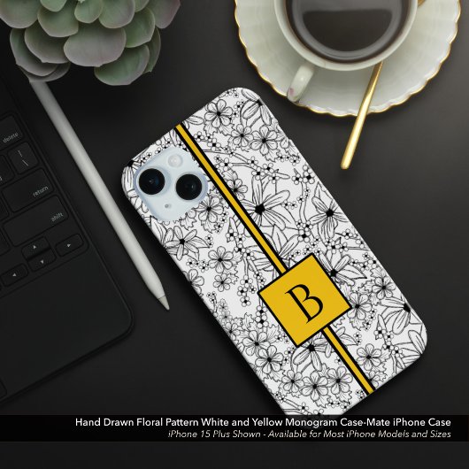 Hand getrokken wit bloemenpatroon geel monogram Case-Mate iPhone case