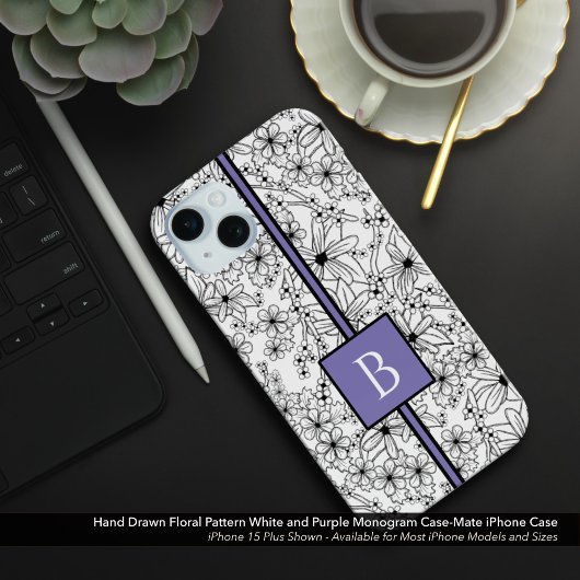 Hand getrokken wit bloemmotief Paarse monogram Case-Mate iPhone Case