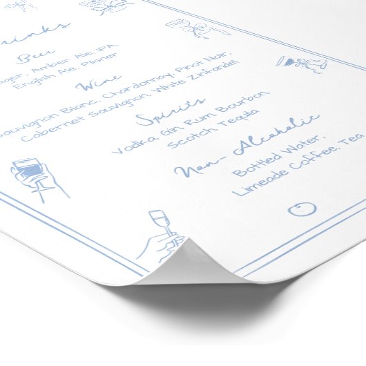Hand getrokken wit en blauw Bar Drink Menu Poster (Hoek)