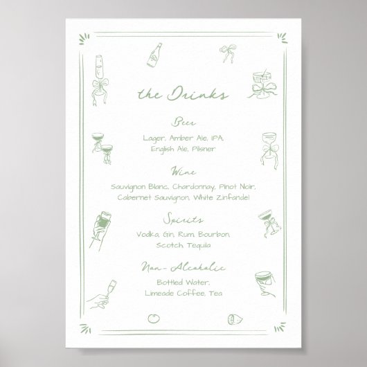 Hand getrokken wit en groen Bar Drink Menu Poster (Voorkant)