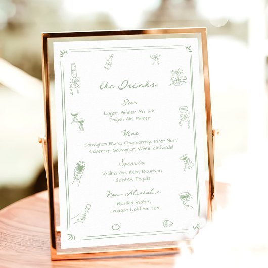 Hand getrokken wit en groen Bar Drink Menu Poster