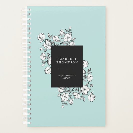 Hand getrokken witte bloemen turquoise afspraak planner (Voorkant)