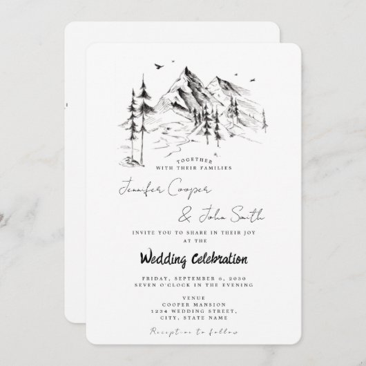 Hand-getrokken Woud & Bergbestemming Wedding Kaart (Voorkant / Achterkant)
