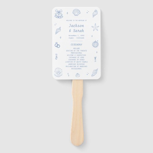 Hand getrokken zeeschelpen kust bruiloft programma handwaaier (Voorkant)