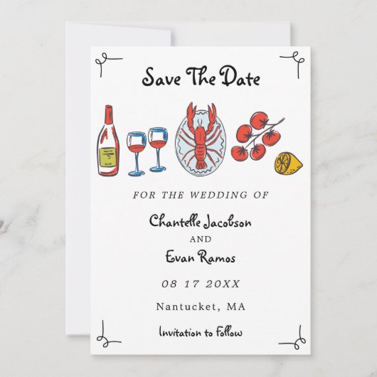 Hand getrokken zeevruchten kreeft strand thema bru save the date (Voorkant)