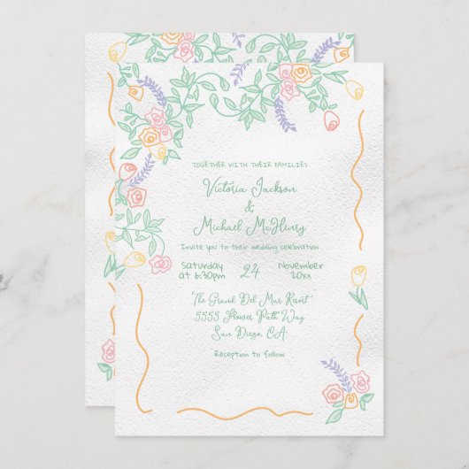 Hand getrokken zoete wilde bloem bruiloft kaart (Voorkant / Achterkant)