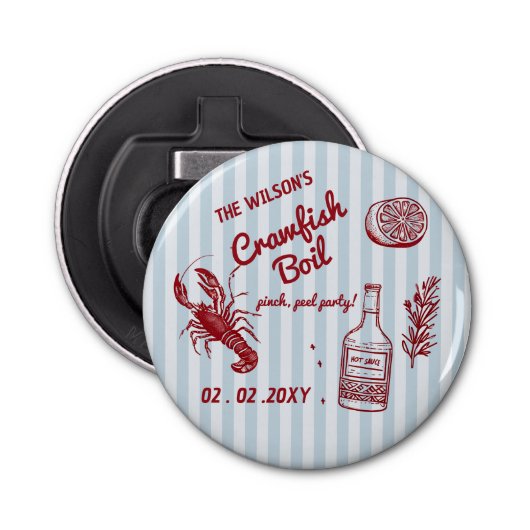 Hand getrokken zomer zeevruchten Crawfish Boil Par Button Flesopener (Voorkant)