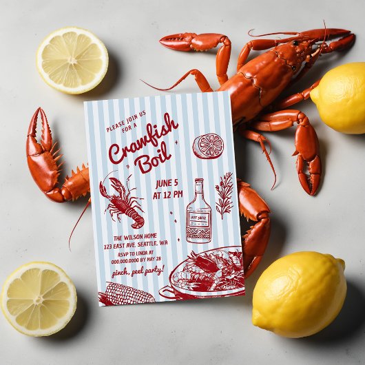 Hand getrokken zomer zeevruchten Crawfish Boil Par Kaart