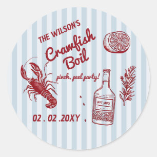 Hand getrokken zomer zeevruchten Crawfish Boil Par Ronde Sticker