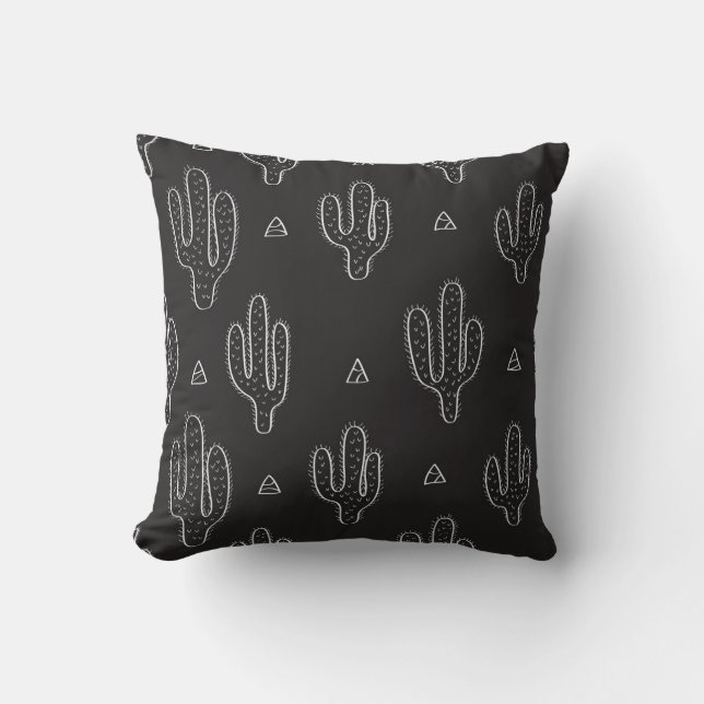 Hand getrokken zwart cactus patroon kussen (Voorkant)