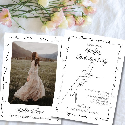 Hand getrokken zwart & wit chique foto Afstuderen Kaart