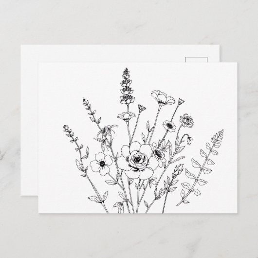 Hand getrokken zwart-wit delicate bloem briefkaart (Voorkant / Achterkant)