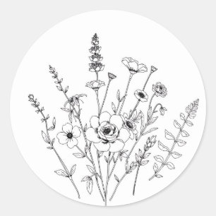 Hand getrokken zwart-wit delicate bloem ronde sticker