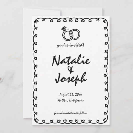 Hand getrokken zwart & wit retro eigenzinnige trou save the date (Achterkant)