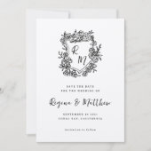 Hand getrokken zwarte bloemenkam monogram bruiloft save the date (Voorkant)