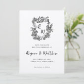 Hand getrokken zwarte bloemenkam monogram bruiloft save the date (Staand voorkant)